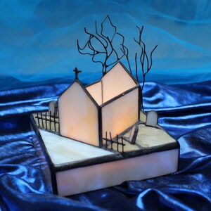 Halloween Candle holder, Creepy candlestick, Halloween decoration, Goth gift, Goth decoration, Stained glass cemetery, Graveyard decoration