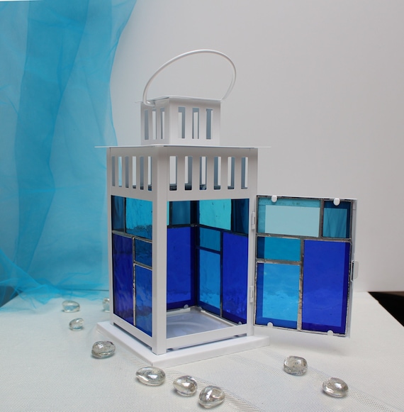 Blaue Laterne Buntglas, Weißes Windlicht, Boho Lantren, Blaulicht, Kobalt, blaues Glas, Blaues Geschenk, Modernes Lantren, Skandynavian Stil
