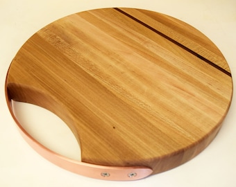 Circular Maple and Walnut Cutting Board with Copper Handle, Circular Cutting Board, Charcuterie Board