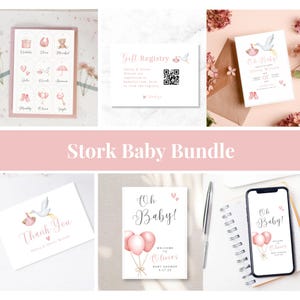 Storch-Babyparty-Bundle-Vorlagen, Storch-Babyparty, rosa Babyparty, druckbare bearbeitbare Babypartyvorlagen, Baby-Dusche-Dusche
