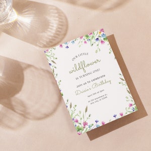 Little Wildflower Birthday Invitation, Girl 1st Birthday Template, Girl&#39;s First Birthday, Editable Invite