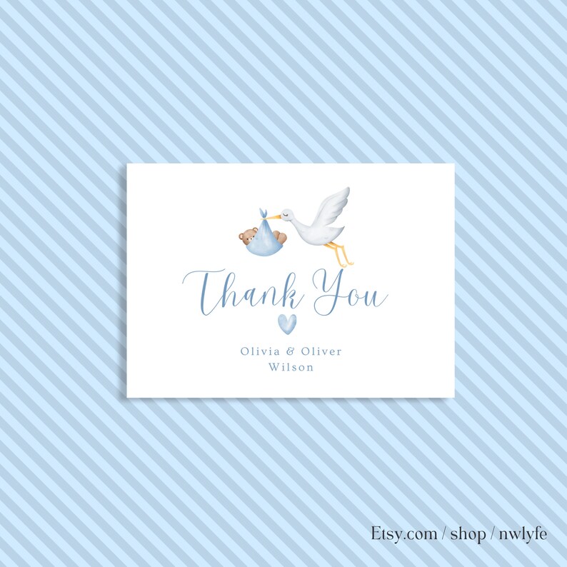 Editable Blue Thank You Card Baby Shower Template Instant Etsy