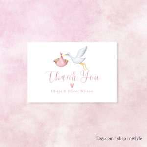 Editable Pink Stork Thank You Card Template Instant Download Girl Baby Shower