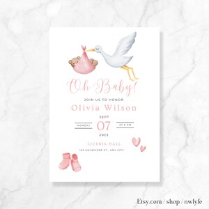 Editable Pink Stork Invitation, Baby Shower Editable Template, Instant Download, Blush Stationary