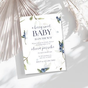 Blueberry Baby Shower Invitation, Editable Template, Berry Sweet Baby on the Way Invite, Blueberries Stationary