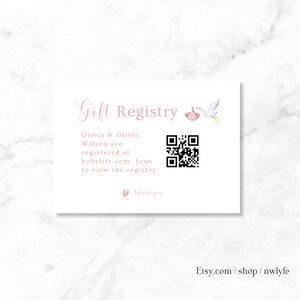 QR-code baby shower register digitale download, roze ooievaar invoegen, moderne behuizingskaart, bewerkbare sjabloon
