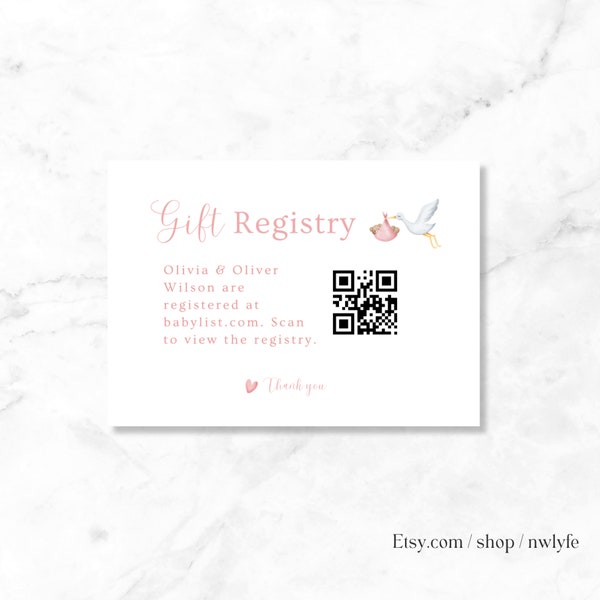 QR Code Baby Shower Registry Digital Download, Pink Stork Insert, Modern Enclosure Card, Editable Template