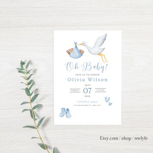 Editable Blue Stork Baby Shower Invitation Invites Template Instant Download