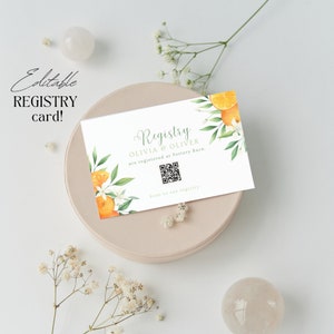 BEWERKBARE Orange Citrus registratiekaart, digitale download, afdrukbare uitnodigingen moderne register, QR-code, babyshower, genderneutraal