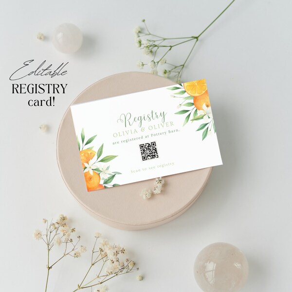 EDITABLE Orange Citrus Registry card, Digital Download, Printable Invites Modern Registry, QR Code, Baby Shower, Gender Neutral