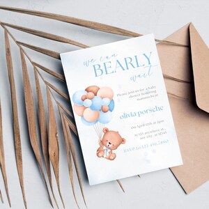 Bearbeitbare Teddybär-Ballon-Thema-Babyparty-Einladung, können wir Bärenwarten einladen, lädt Vorlage, sofortiger Download ein