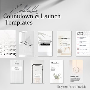 Countdown to Launch Instagram Templates, 22 Feed posts, Editable Instant Download, Minimalist black and white