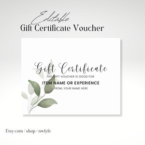 Certificate Template, Event Experience Coupon, Watercolor Leaf Editable Coupon, Botanical Green