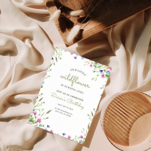 Little Wildflower Birthday Invitation, Girl 1st Birthday Template, Girl&#39;s First Birthday, Editable Invite