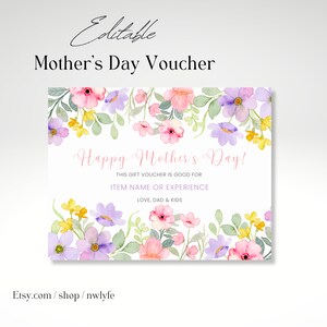 Modèle de chèque-cadeau pour la fête des mères, coupon pour une expérience événementielle, coupon floral modifiable