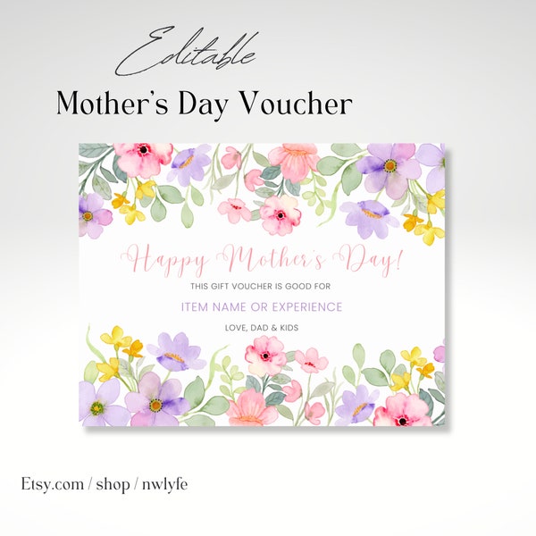 Mother's Day Gift Certificate Template, Event Experience Coupon, Floral Editable Coupon