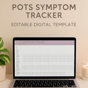 May include: A laptop displays a digital template titled "POTS Symptom Tracker" with the text "Editable Digital Template." The laptop is open, revealing a chart for tracking symptoms. A notebook, pen, and lit candle are on the table.