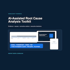 May include: Signalcraft Technical AI-Assisted Root Cause Analysis Toolkit featuring an Excel 10-tab investigation system, PowerPoint executive readout, Word field guide, and PDF AI prompts. The digital files are displayed on a dark background.