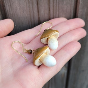 Bolete Mushroom Earrings - Boletus Cep Porcino - Woodland Jewellery - Tiger's Eye - Cute Dangle Earrings - Brass Earwire