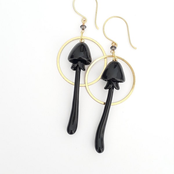 Black Mushroom Earrings - Brass Circles