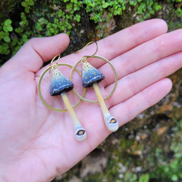 Third Eye Mushroom Earrings - Brass Circles - Enchanted Forest Jewellery - Brown Psychedelic Mushrooms