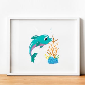 Children&#39;s Wall Art Aquatic Nursery Decor Nautical Deep Sea Blue Dolphin Coral