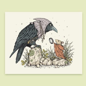 May include: Detailed illustration of a black raven in a hooded cloak and jewellery, perched on a rock. A small mouse in a red cloak holds a ring, facing the raven. The artwork has a fantasy theme with detailed linework and a muted colour palette.