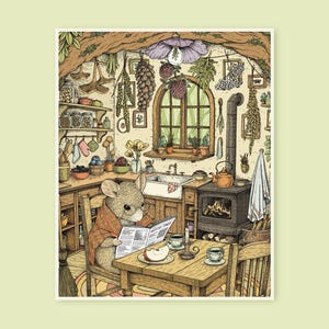 May include: An illustrated scene of a mouse in a kitchen, reading a newspaper at a wooden table. The kitchen has a stove, sink, and is decorated with dried herbs and flowers. Teacups and a plate of food are on the table, creating a cosy atmosphere.