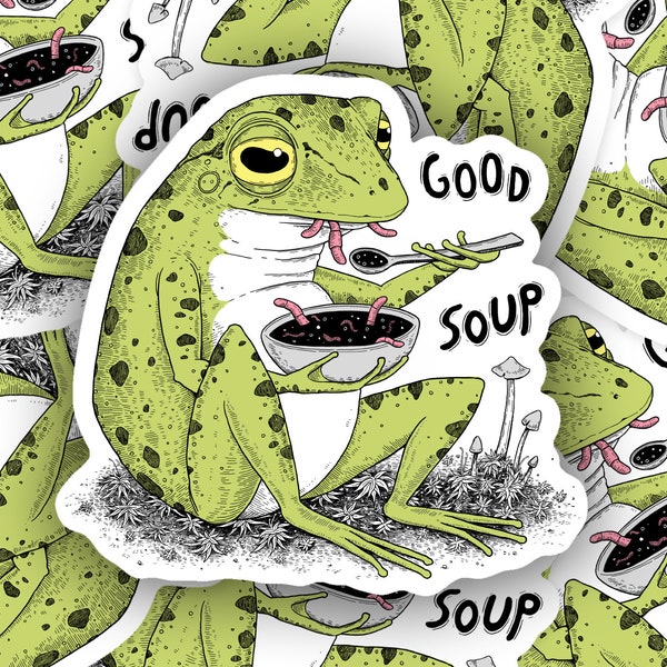 Good Soup Frog, Hand Drawn Sticker, Vinyl Sticker, Frog Art, Toad