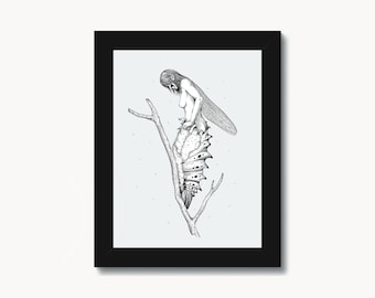 May include: Black framed art print featuring a detailed black and white illustration of a fairy emerging from a chrysalis on a tree branch. The artwork has a fantasy theme and is set against a light gray background.