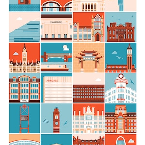Manchester Wahrzeichen Druck (rot, blau und cremefarbene Version)