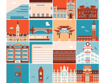 Manchester-oriëntatiepuntprint (rode, blauwe en crèmeversie)
