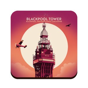 May include: A vintage-style illustration of Blackpool Tower, a famous landmark in Blackpool, England. The tower is depicted in a red and black colour scheme against a sunset background with a small plane flying overhead.