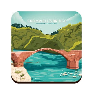 May include: A vintage illustration of Cromwell's Bridge in Clitheroe, Lancashire. The bridge is a brick arch bridge over a blue river with green trees on either side.