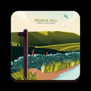 May include: A scenic illustration of Pendle Hill in Lancashire, England. The image features a stone wall, a wooden signpost, and a green hillside with a blue sky in the background. The text "Pendle Hill" and "Pendle, Lancashire" is displayed at the top of the image.