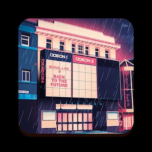 May include: A retro-style illustration of a movie theater marquee with the text "ODEON 1" and "ODEON 2" above the marquee. The marquee advertises "MICHAEL J. FOX IN BACK TO THE FUTURE". The illustration is set against a backdrop of a rainy night.