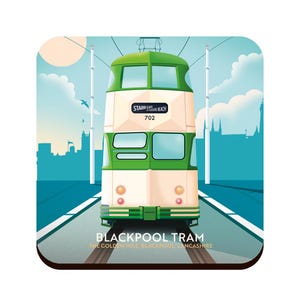May include: A vintage-style illustration of a green and white double-decker Blackpool Tram with the text "Starr Gate Pleasure Beach" and "702" on the side. The tram is on a track with a blue background and the text "Blackpool Tram The Golden Mile, Blackpool, Lancashire" at the bottom.