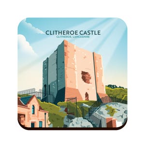 May include: A colorful illustration of Clitheroe Castle in Clitheroe, Lancashire. The castle is a stone structure with a tall tower and a large, open courtyard. The illustration is set against a blue sky with white clouds.