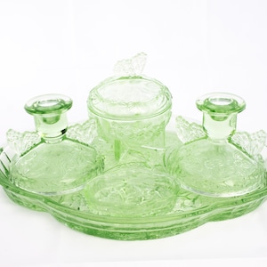 Vintage Sowerby green glass dressing table set, 1930s - 1940s