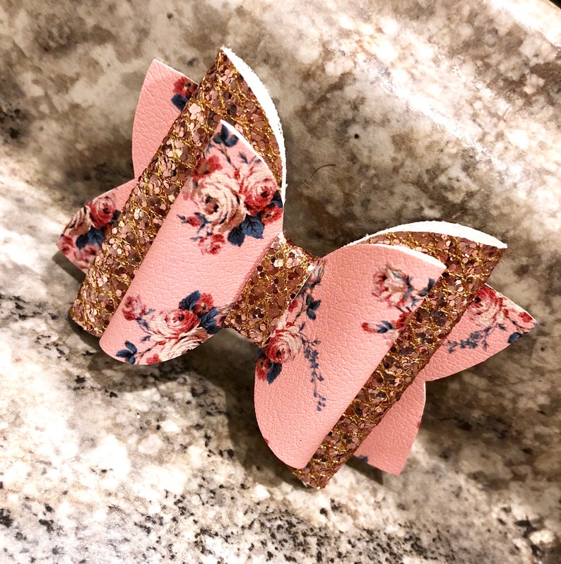 Pink Floral and Sparkle Faux Leather Bow