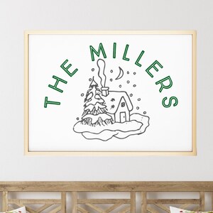 Benutzerdefinierte Familie Weihnachten druckbare Kunst, Familienname über winterliche Szene Strichzeichnung in Smaragdgrün, benutzerdefinierte Familiengeschenk, auf Bestellung gefertigt