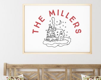 Personalized Family Name Christmas Art: Winter Scene Line Drawing (Digital Download)