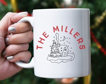 Personalized Family Name Christmas Mug: Winter Home Line Art