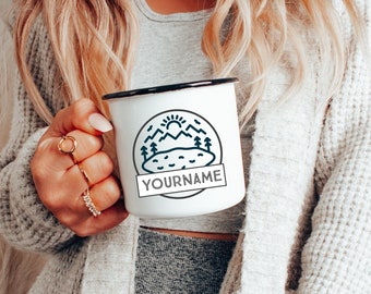 Personalized Enamel Camp Mug: Lake Line Art, Custom Name