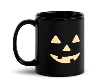 Grinsende Kürbis-Tasse: Schwarzes Halloween-Trinkgeschirr (11 oz)