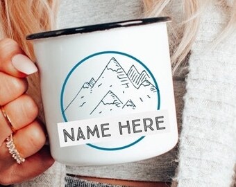 Personalized Enamel Camp Mug: Mountain Line Art, Custom Name