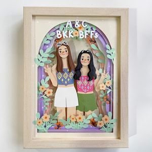 personalized paper cut portrait with  flower frame , couple illustration, family illustration, paper craft, cuople gift, customzied gift