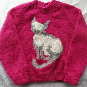 NEW - Hand knitted jumper featuring a cat - available in different colours and sizes