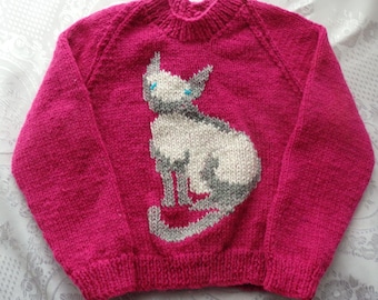 NEW - Hand knitted jumper featuring a cat - available in different colours and sizes