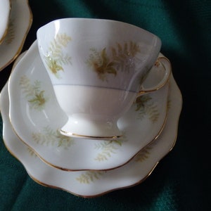 Pode incluir: Um conjunto de chávena e pires branco com um delicado padrão de samambaia em tons de verde e dourado. O conjunto tem uma borda dourada.